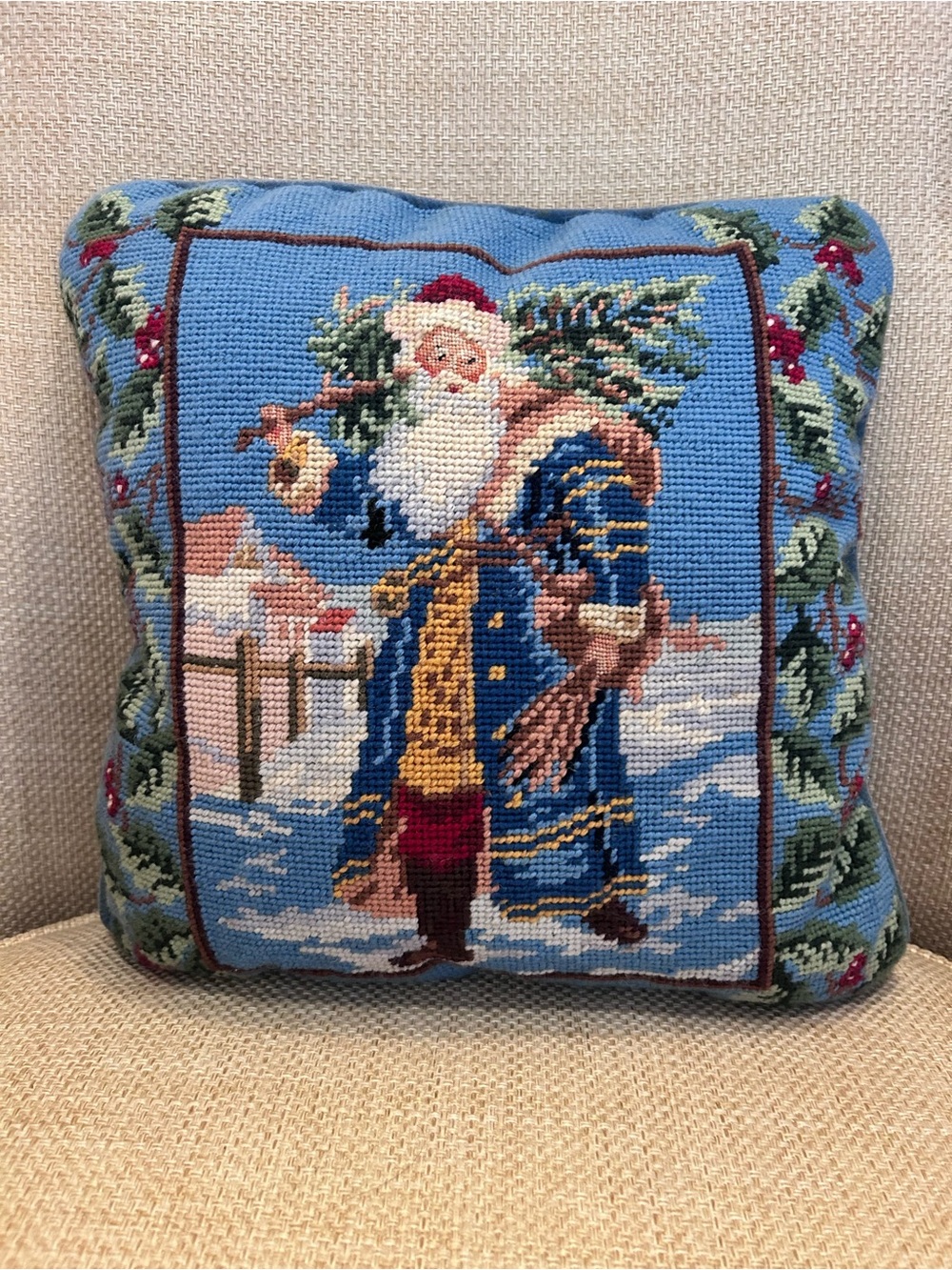 Vintage Needlepoint Christmas Pillow Santa tree Blue Velvet 13x13